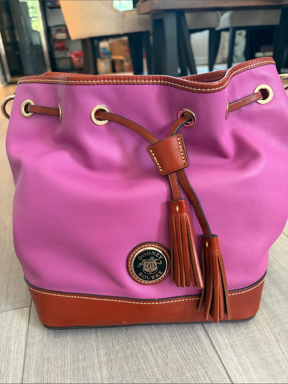 Dooney & Bourke Claremont Pink Drawstring Bucket Bag with Brown Leather Trim